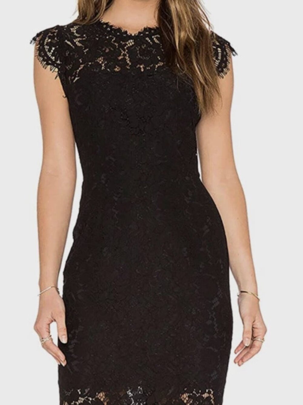 Merokeety Women’s Black Floral Lace Overlay Crew Neck Knee Bodycon Dress Size M